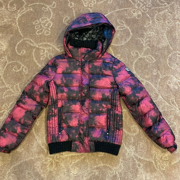 Fuchsia & black thick puffer jacket coat with hood, American Eagle S - Picture 1 of 9